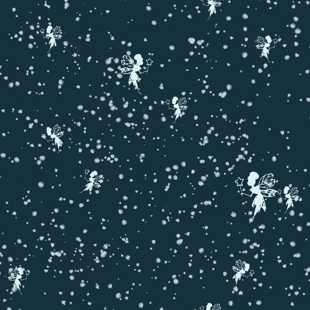 motif pour tissu unique sur fond bleu marine avec des étoiles et des fées blanches